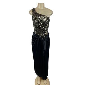 Vintage One-Shoulder Metallic Zebra Print Dress With Black Skirt & Tie Waist Siz